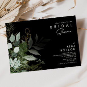 Greenery and Gold Leaf Black   Bridal Shower Invitation
