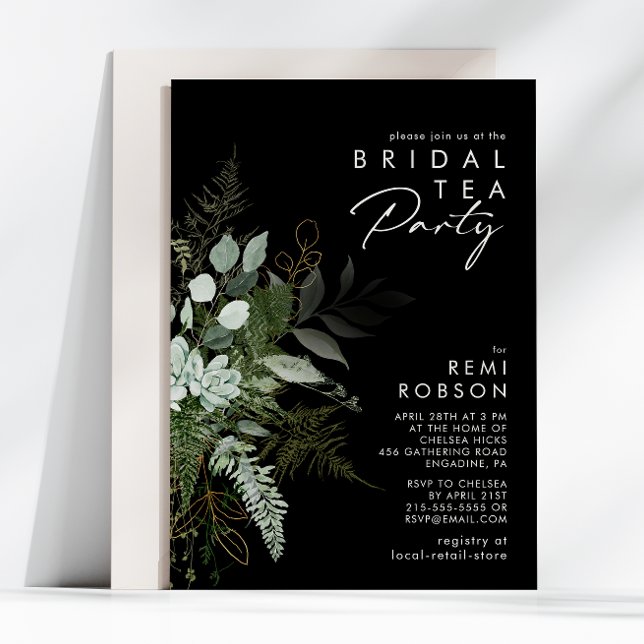 Greenery and Gold Leaf | Black Bridal Tea Party Invitation (Creator Uploaded)