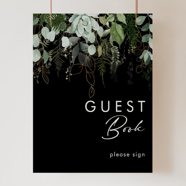 Greenery and Gold Leaf | Black Guest Book Sign (Creator Uploaded)