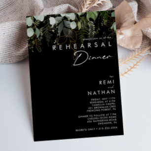 Greenery and Gold Leaf   Black Rehearsal Dinner Invitation