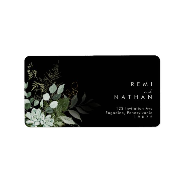 Greenery and Gold Leaf | Black RSVP Address Label (Front)