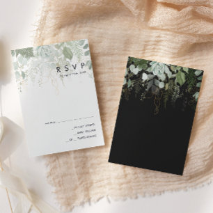 Greenery and Gold Leaf Black RSVP Card