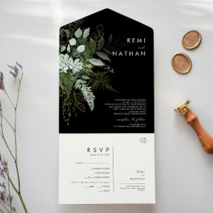 Greenery and Gold Leaf Black Seal And Send All In One Invitation