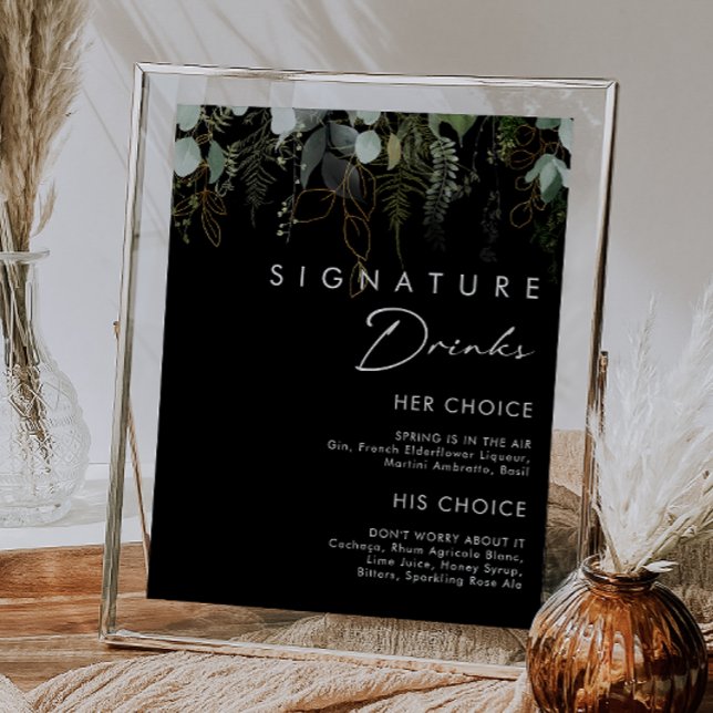 Greenery and Gold Leaf Black Signature Drinks Sign (Creator Uploaded)