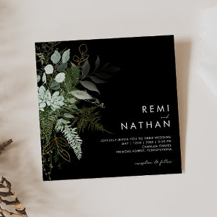 Greenery and Gold Leaf Black Square Wedding Invitation