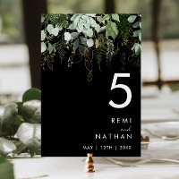 Greenery and Gold Leaf | Black Table Number