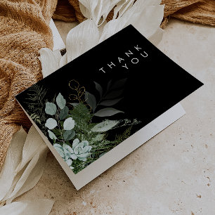 Greenery and Gold Leaf   Black Thank You Card