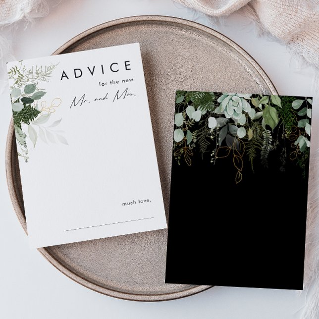 Greenery and Gold Leaf | Black Wedding Advice Card (Creator Uploaded)