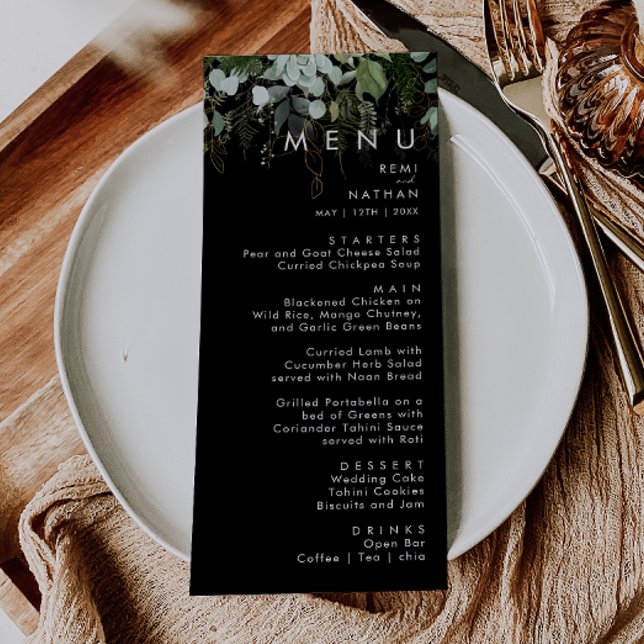 Greenery and Gold Leaf | Black Wedding Dinner Menu (Creator Uploaded)