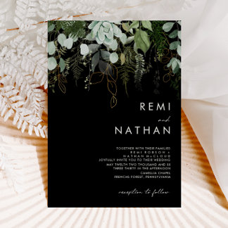 Greenery and Gold Leaf | Black Wedding Invitation