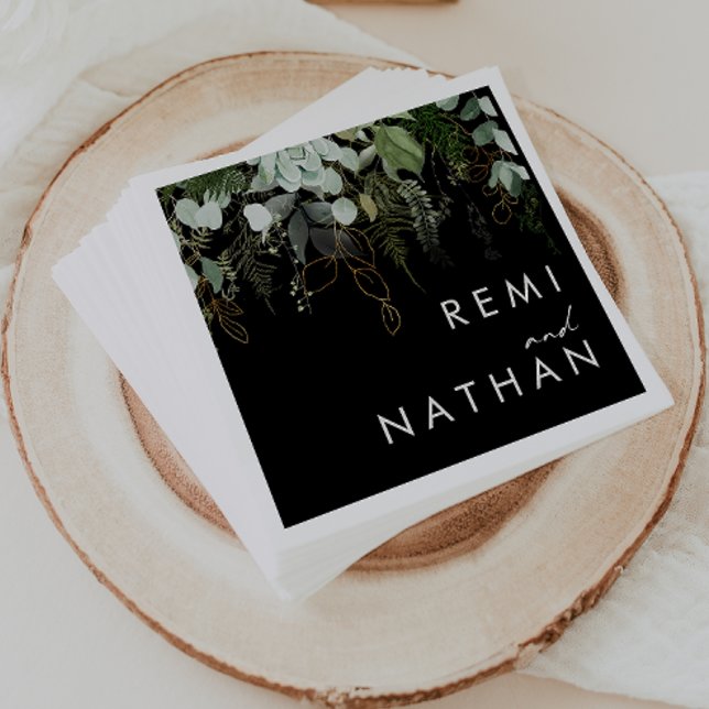 Greenery and Gold Leaf | Black Wedding Napkin (Creator Uploaded)