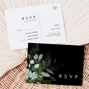 Greenery and Gold Leaf   Black Wedding RSVP Postcard