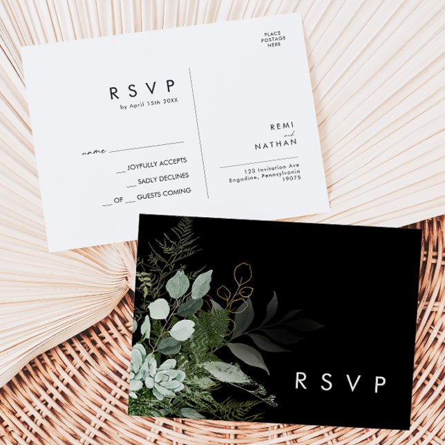 Greenery and Gold Leaf | Black Wedding RSVP Postcard (Creator Uploaded)