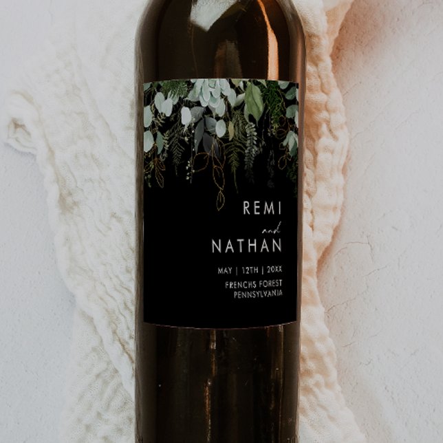 Greenery and Gold Leaf | Black Wedding Wine Label (Creator Uploaded)