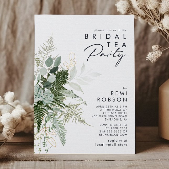 Greenery and Gold Leaf Bridal Tea Party Invitation (Creator Uploaded)