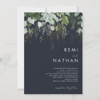 Greenery and Gold Leaf | Dark Navy All In One Invitation