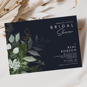 Greenery and Gold Leaf   Dark Navy Bridal Shower Invitation