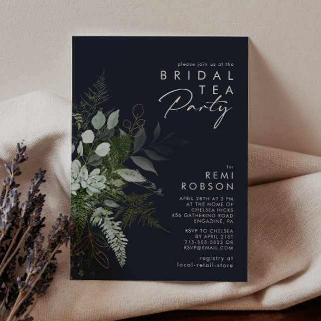 Greenery and Gold Leaf Dark Navy Bridal Tea Party Invitation (Creator Uploaded)