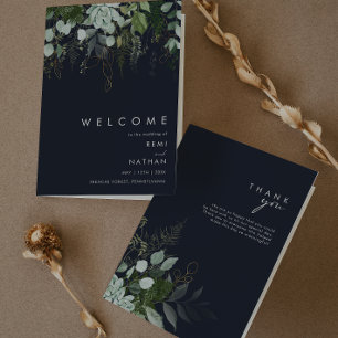 Greenery and Gold Leaf Dark Navy Folded Wedding Programme