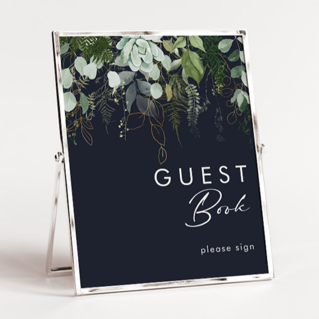 Greenery and Gold Leaf | Dark Navy Guest Book Sign (Creator Uploaded)