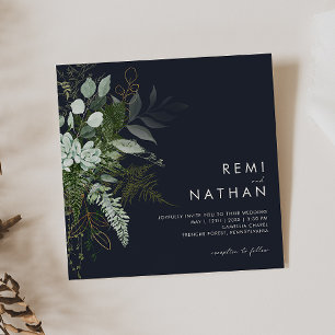 Greenery and Gold Leaf Dark Navy Square Wedding Invitation