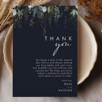 Greenery and Gold Leaf | Dark Navy Thank You Card