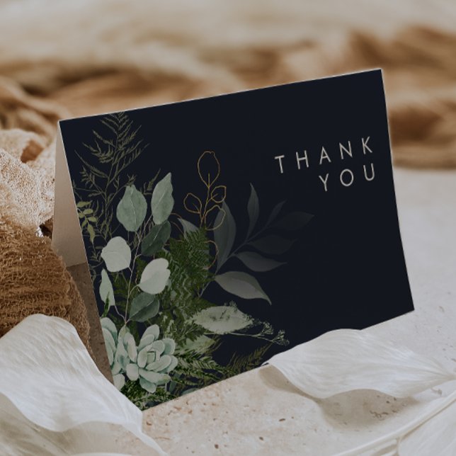 Greenery and Gold Leaf | Dark Navy Thank You Card (Creator Uploaded)