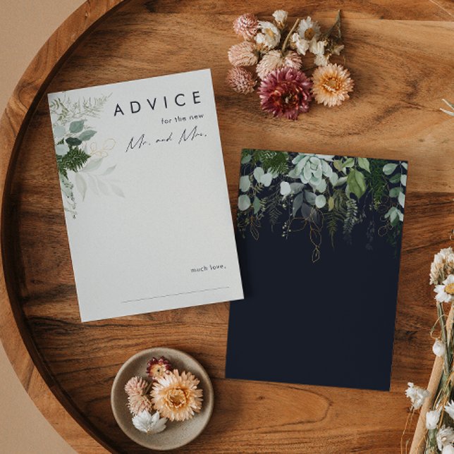 Greenery and Gold Leaf | Dark Navy Wedding Advice Card (Creator Uploaded)