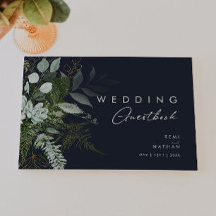 Greenery and Gold Leaf   Dark Navy Wedding Guest Book