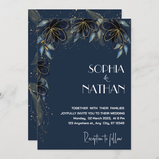 Greenery and Gold Leaf | Dark Navy Wedding Invitation (Front/Back)