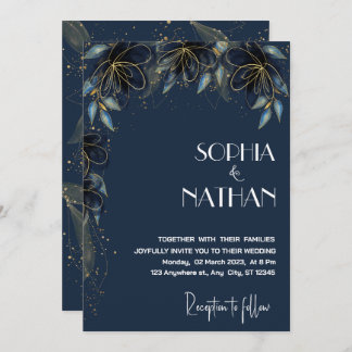 Greenery and Gold Leaf | Dark Navy Wedding Invitation