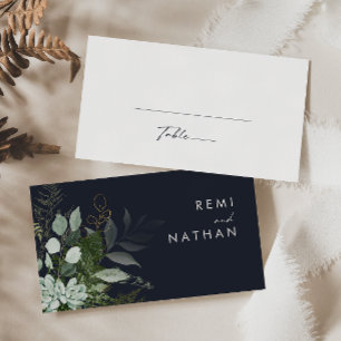 Greenery and Gold Leaf Dark Navy Wedding Place Card