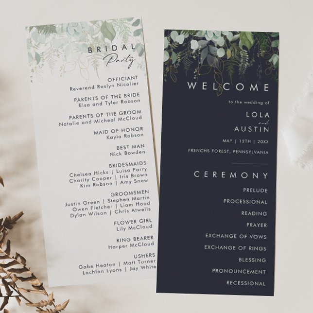 Greenery and Gold Leaf | Dark Navy Wedding Program Programme (Creator Uploaded)