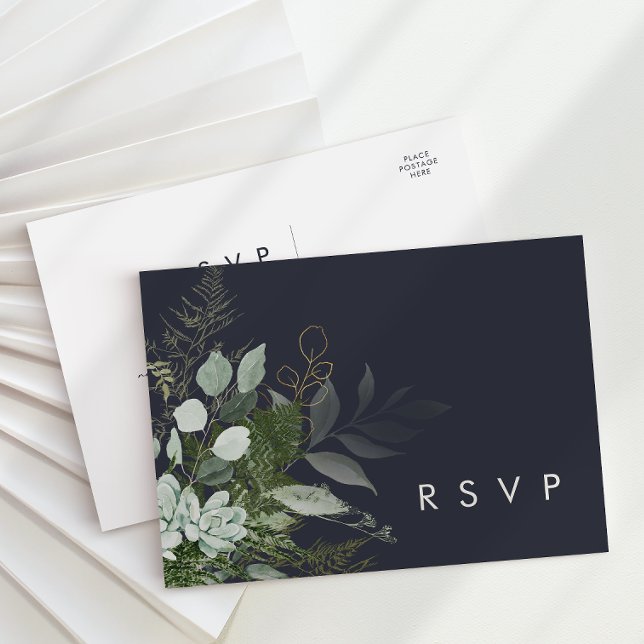 Greenery and Gold Leaf | Dark Navy Wedding RSVP Postcard (Creator Uploaded)