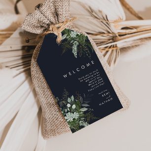 Greenery and Gold Leaf   Dark Navy Wedding Welcome Gift Tags