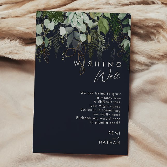 Greenery and Gold Leaf | Dark Navy Wishing Well Enclosure Card (Creator Uploaded)
