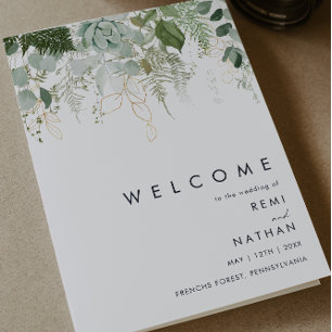 Greenery and Gold Leaf Folded Wedding Program Programme