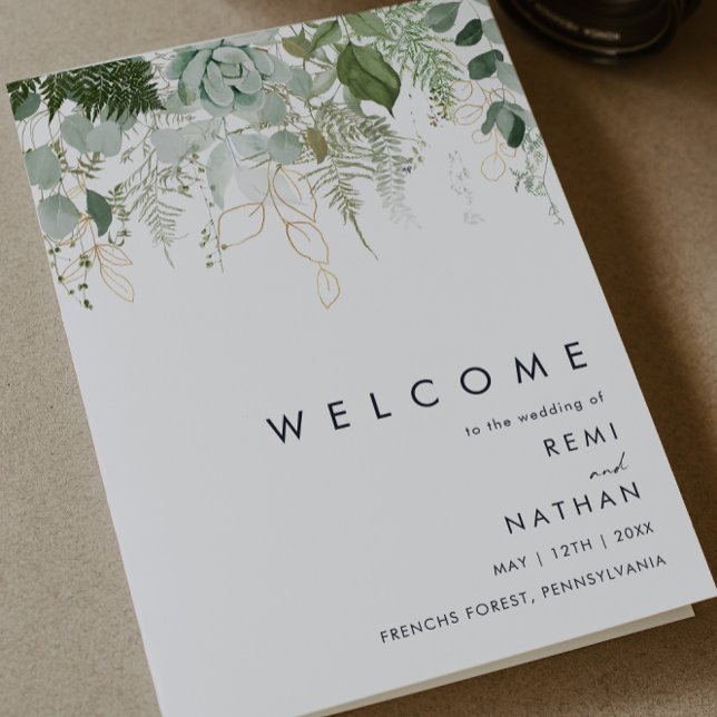 Greenery and Gold Leaf Folded Wedding Program Programme (Creator Uploaded)