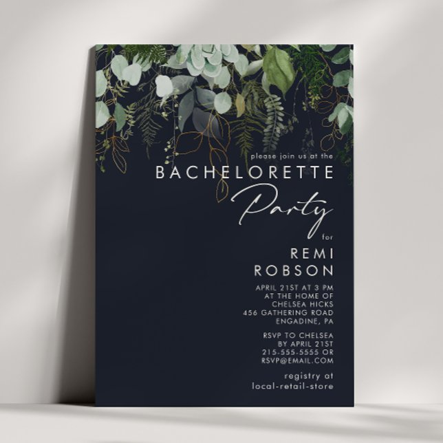 Greenery and Gold Leaf | Navy Bachelorette Party Invitation (Creator Uploaded)