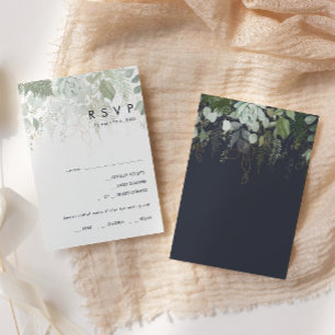 Greenery and Gold Leaf Navy Menu Choice RSVP Card