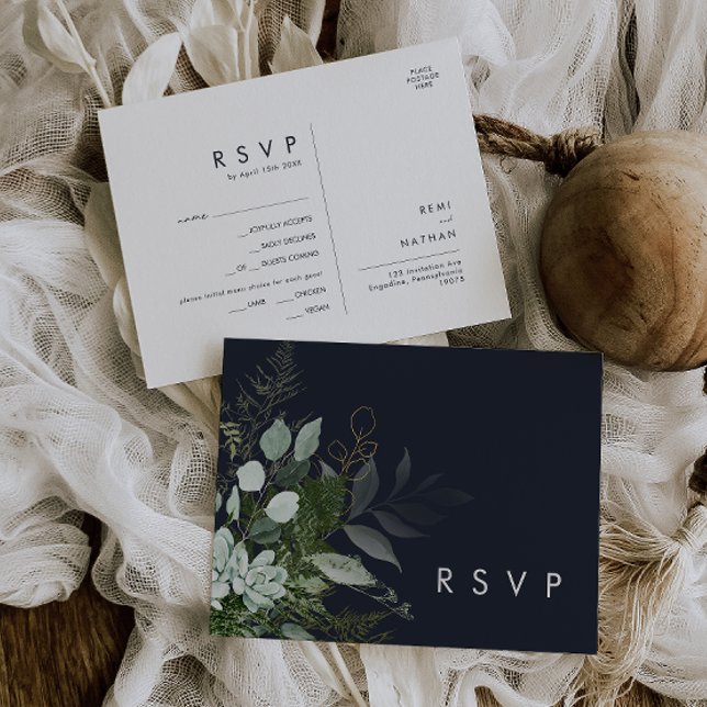 Greenery and Gold Leaf Navy Menu Choice RSVP Card (Creator Uploaded)