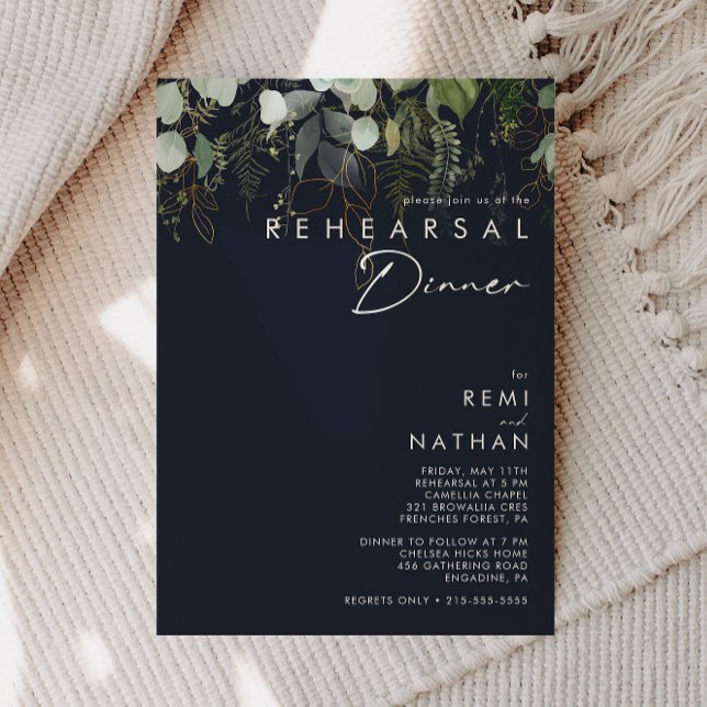 Greenery and Gold Leaf | Navy Rehearsal Dinner Invitation (Creator Uploaded)