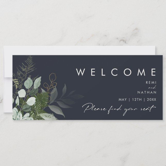 Greenery and Gold Leaf | Navy Seating Chart Header (Front)