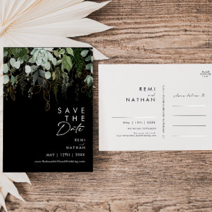 Greenery and Gold leaf Script Black Save The Date Invitation Postcard