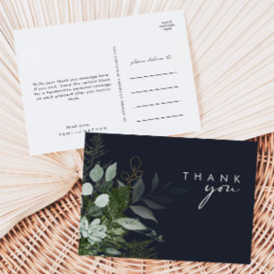 Greenery and Gold Leaf Script Dark Navy Thank You Postcard