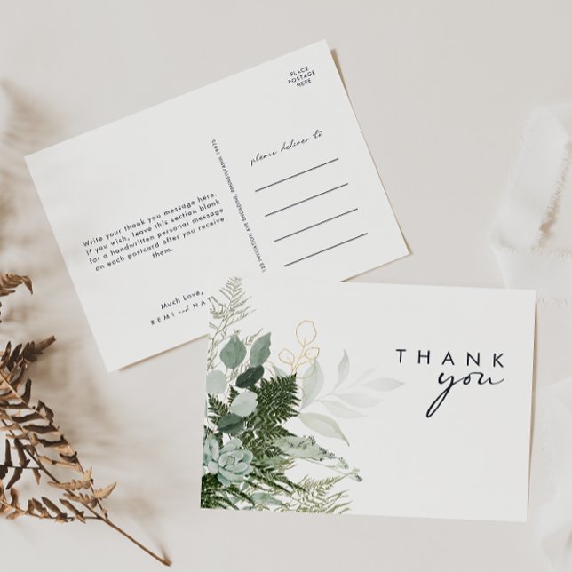 Greenery and Gold Leaf Script Wedding Thank You Postcard (Creator Uploaded)