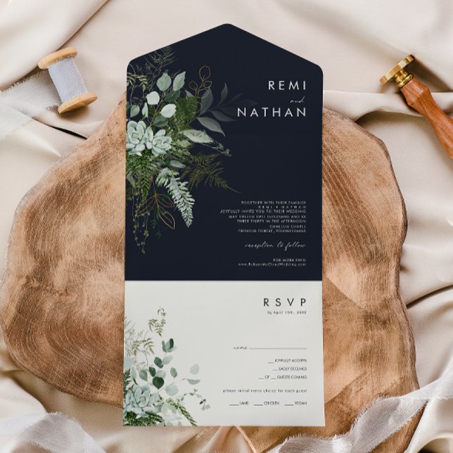 Greenery and Gold Leaf Simple Navy Seal and Send All In One Invitation (Creator Uploaded)