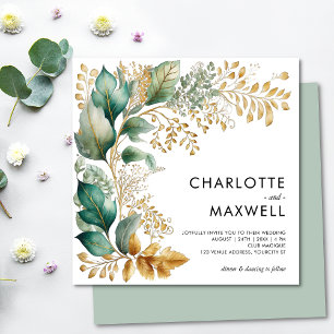 Greenery and Gold Leaf Square Sage Wedding Invitation