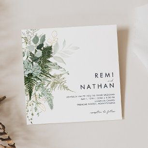 Greenery and Gold Leaf Square Wedding Invitation