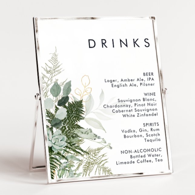 Greenery and Gold Leaf Wedding Drinks Menu Poster (Creator Uploaded)